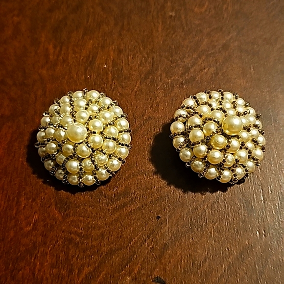 Vintage 1960's Hand-Made Faux Pearl Earrings, Clip-on, Retro Style, 2"×2" - Picture 1 of 3